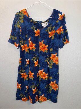 I.C.I Navy Floral Short Sleeve Vintage Romper with Orange Lilies